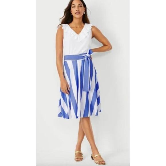 NEW Ann Taylor 12 Petite Awning Striped Tie Waist Circle Skirt Blue and White - Picture 2 of 13